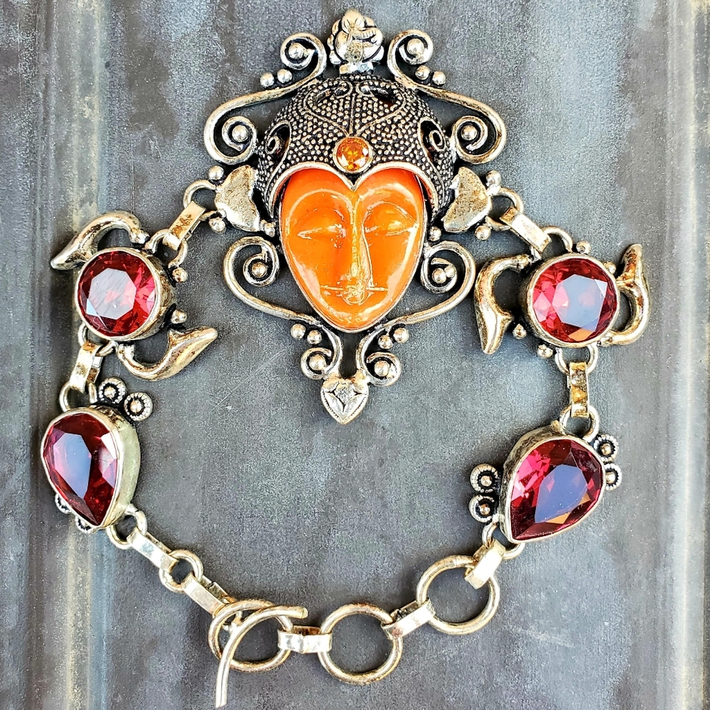 New Carved Goddess Face Multi Gemstone 925 Silver Bracelet.
